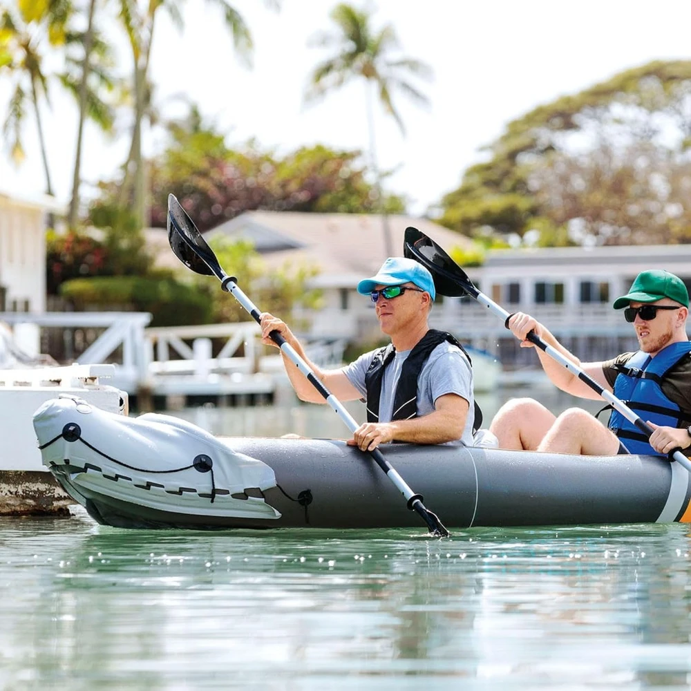 

2 Person Inflatable Vinyl Kayak and Accessory Kit with 86 Inch Oars, Air Pump, and Carry Bag for Lakes and Rivers, Gray and Red