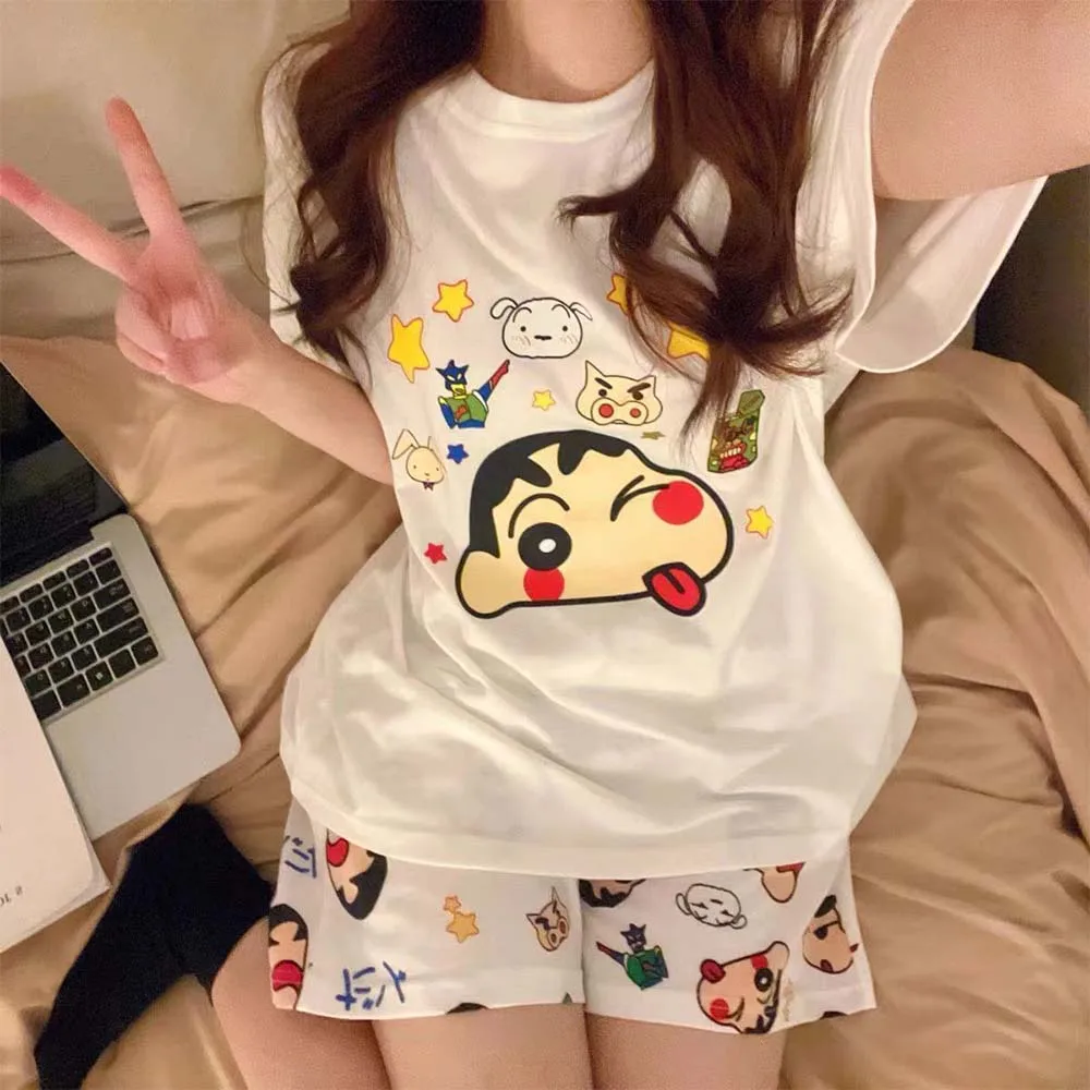 Women's Pajamas Crayon Shin-Chan Summer Short Sleeved Shorts Korean Loose Home Clothes Student Thin Loungewear Suit Soft Comfort