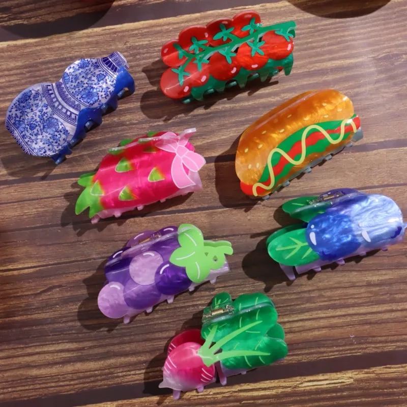 HANGZHI Creative Hot Dog Hair Clip Colourful Dragon Fruit Grape Tomato Shark Clip Personalised Fun Hair Accessories for Women