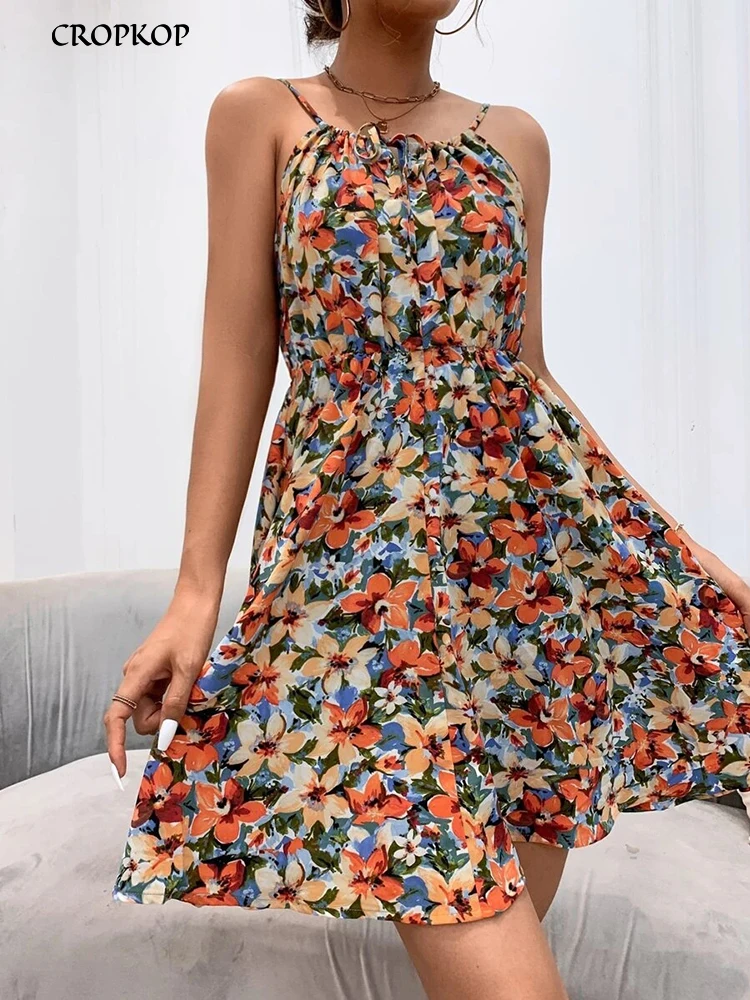 Sexy Floral Print Short Dress Women Summer Fashion Black Backless Beach Sundress Casual Sleeveless Lace-up New In Dresses 2024