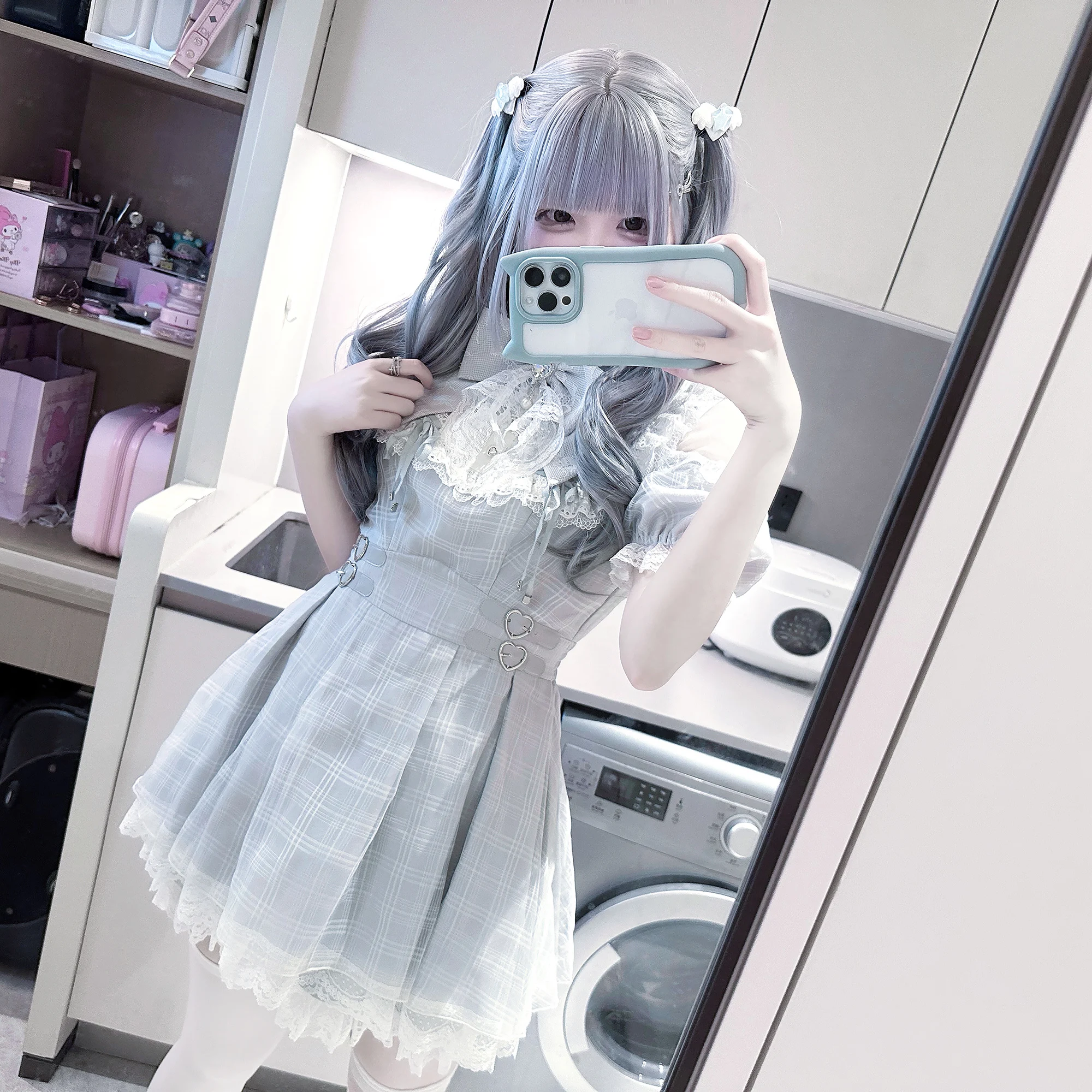 

Women Lolita Style Lace Trim Mini Dress Set High Waist Slim Fit Sweet Princess 3 Piece Set Blue Plaid Ruffle Summer Outfit 2025