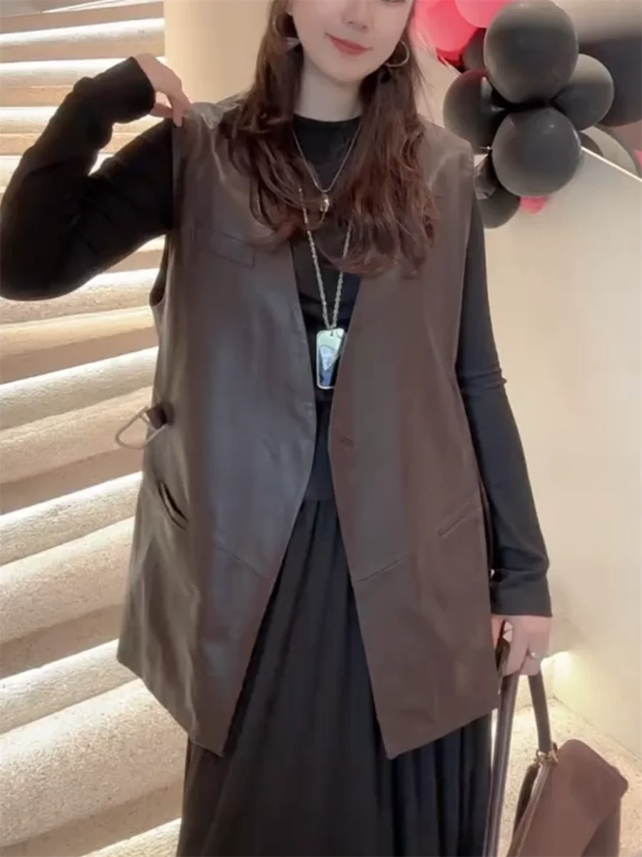 

Свободная длинная куртка из натуральной овчины с V-образным вырезом для женщин, модная, простая, с разрезами, осенняя новинка