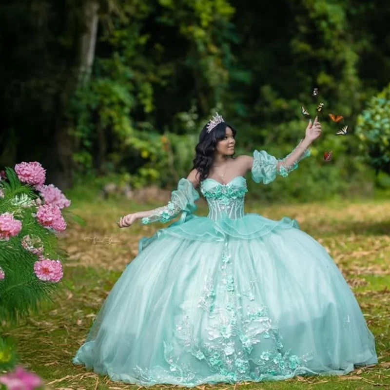 

Customized mint green Quinceanera Dresses Off the Shoulder glitter decal Long tail 3D flower layering Vestido 15 Quinceanera
