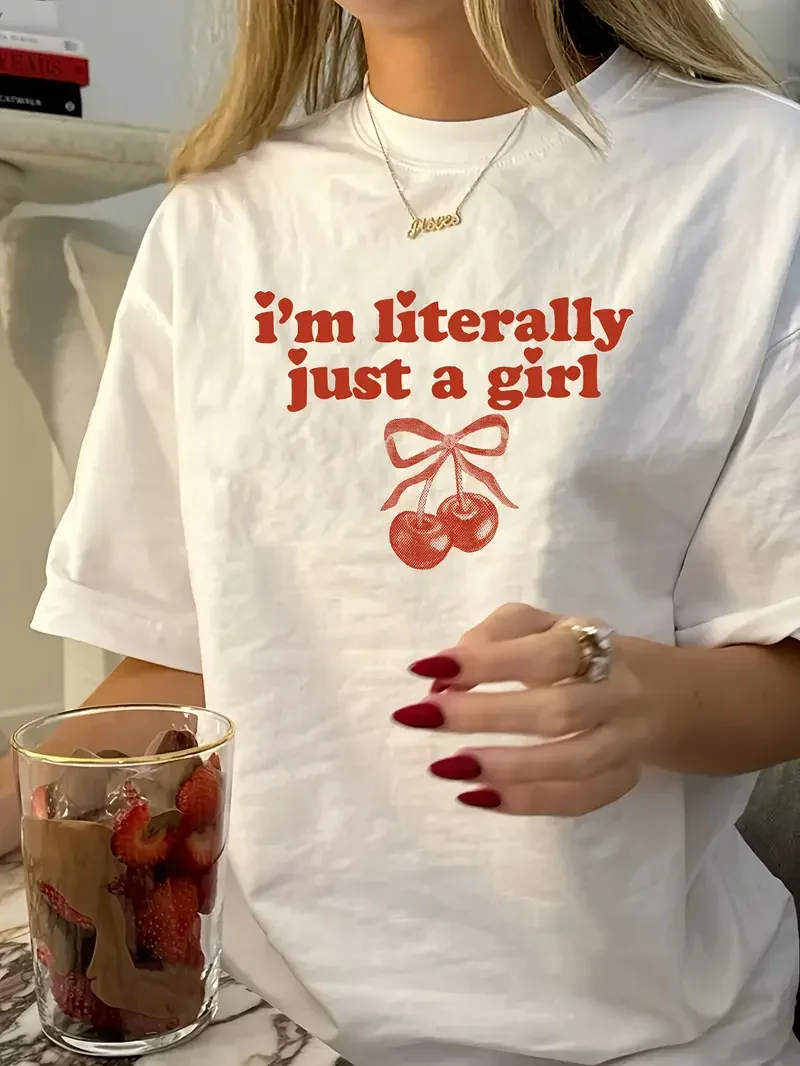 

Футболка женская в винтажном стиле «I'm Really Just a Girl» Повседневный топ с принтом Вишневый бант Быстросохнущая с коротким рукавом Эстетическая графика
