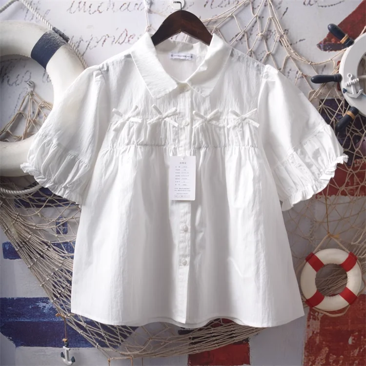 Милая одежда с пышными рукавами, милый стиль, белые розовые однотонные рубашки с бантом, блузки с короткими рукавами, ABDL, свободные рубашки из чистого хлопка для взрослых и детей
