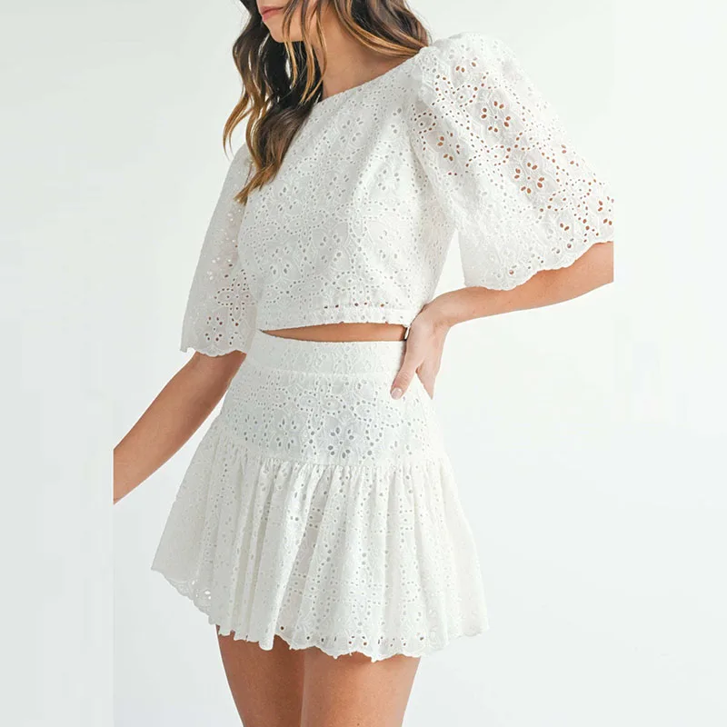 

White Lace Hollowed Out Summer Suit O-neck Short Sleeved Top with Mini Skirt Women's Outfit Casual Holiday Beach Two Piece Set