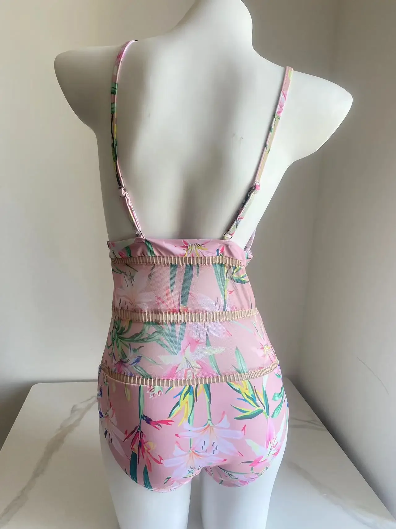 2024 Vervaardigde Badpak Voor Dames, Roze Badkleding Met Bloemenprint En Bedek Een Stuk Hoog Uitgesneden Badpak