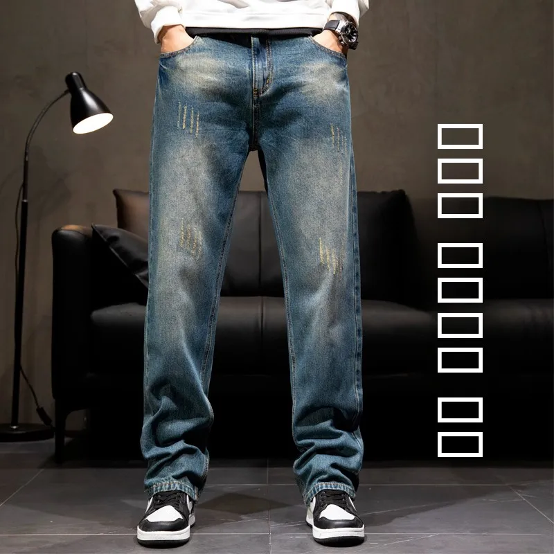 

Retro Distressed Jeans Men's Summer Thin Straight Loose Large Size Wide Leg Fat Men's Fashion City Style mid High Waist Zipper