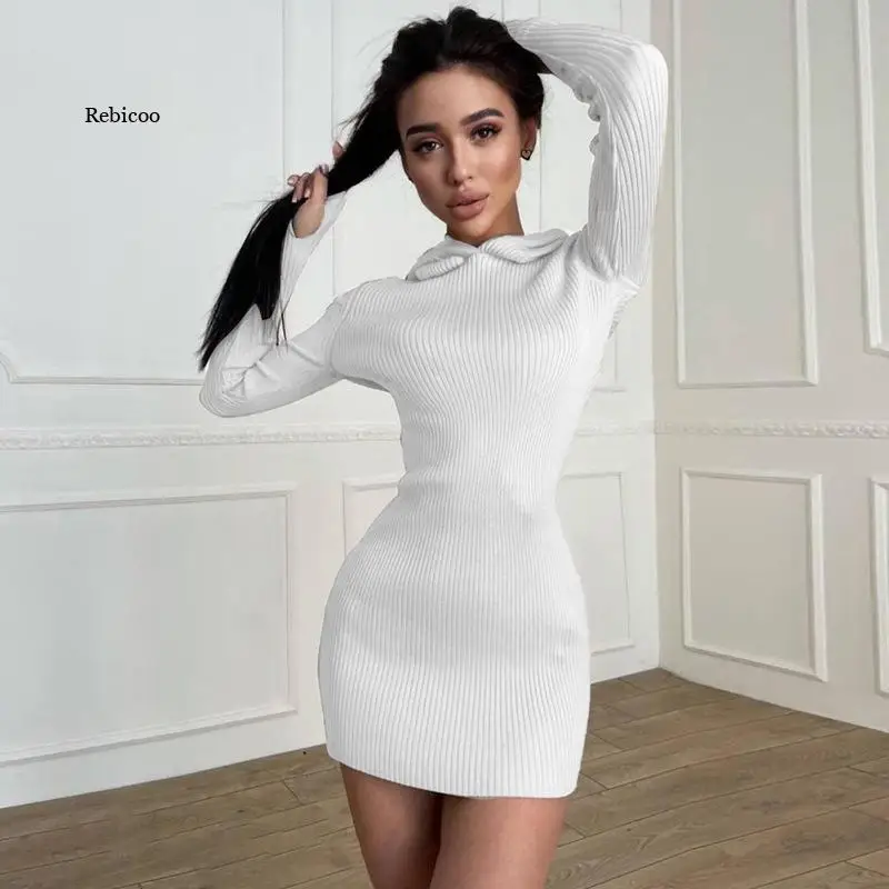 

Autumn Winter Women Knitted Dress Fashion Hooded Elastic Slim Vestidos Whiter Casual Knit Chic Bodycon Sweater Dress