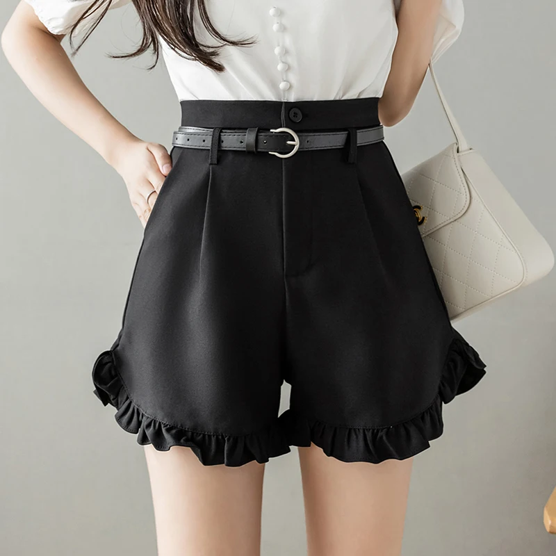 

Women Shorts with Belt Summer 2022 New Korean Design Ruffles Casual Shorts Women's Solid Color High-waisted Wide-leg Shorts