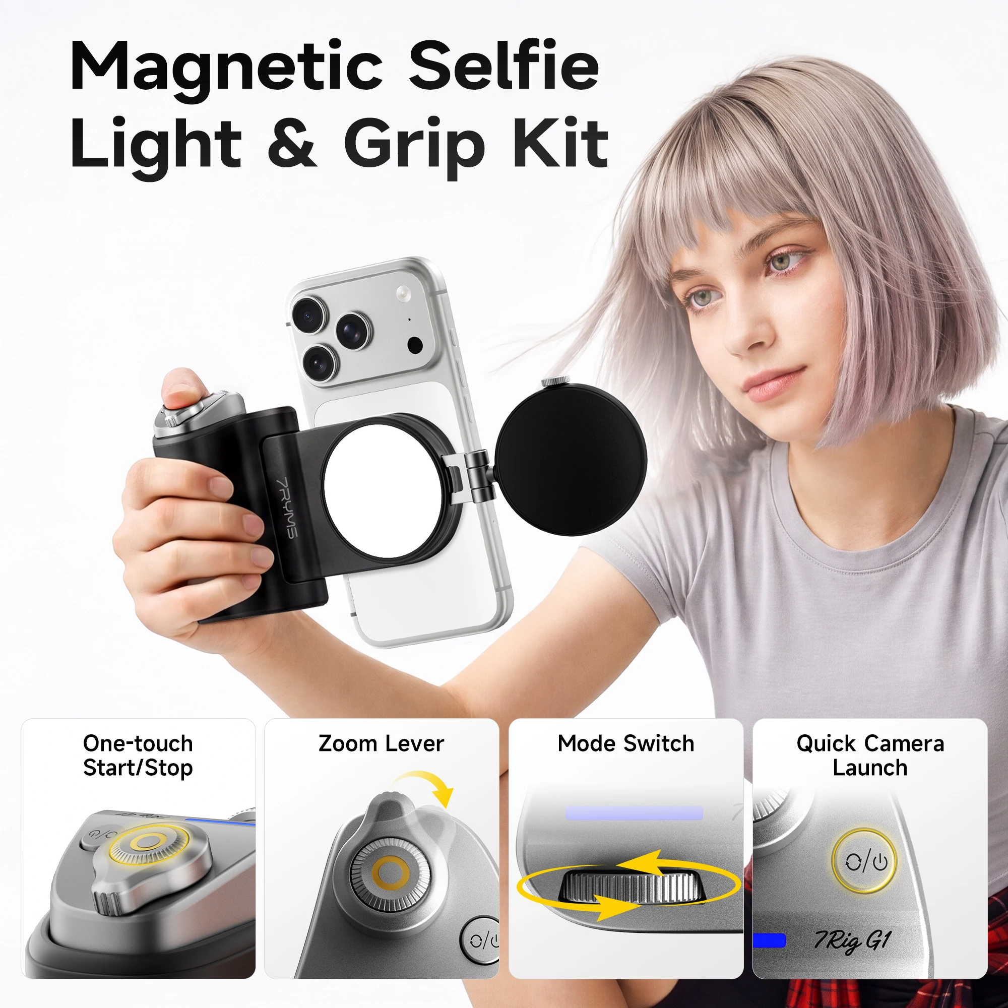7RYMS 7Rig G1/G1K1 Cell Phone Camera Grip Kit for iPhone Android, Shooting Aid with Remote Control Handle for Selfie