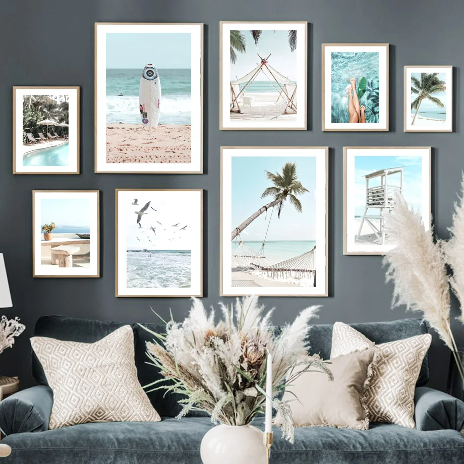 Beach Palm Tree Sign Birds Girl Surf Tent Wall Art Mural Prints Canvas Painting Nordic Poster Modern Decor Pictures Living Room