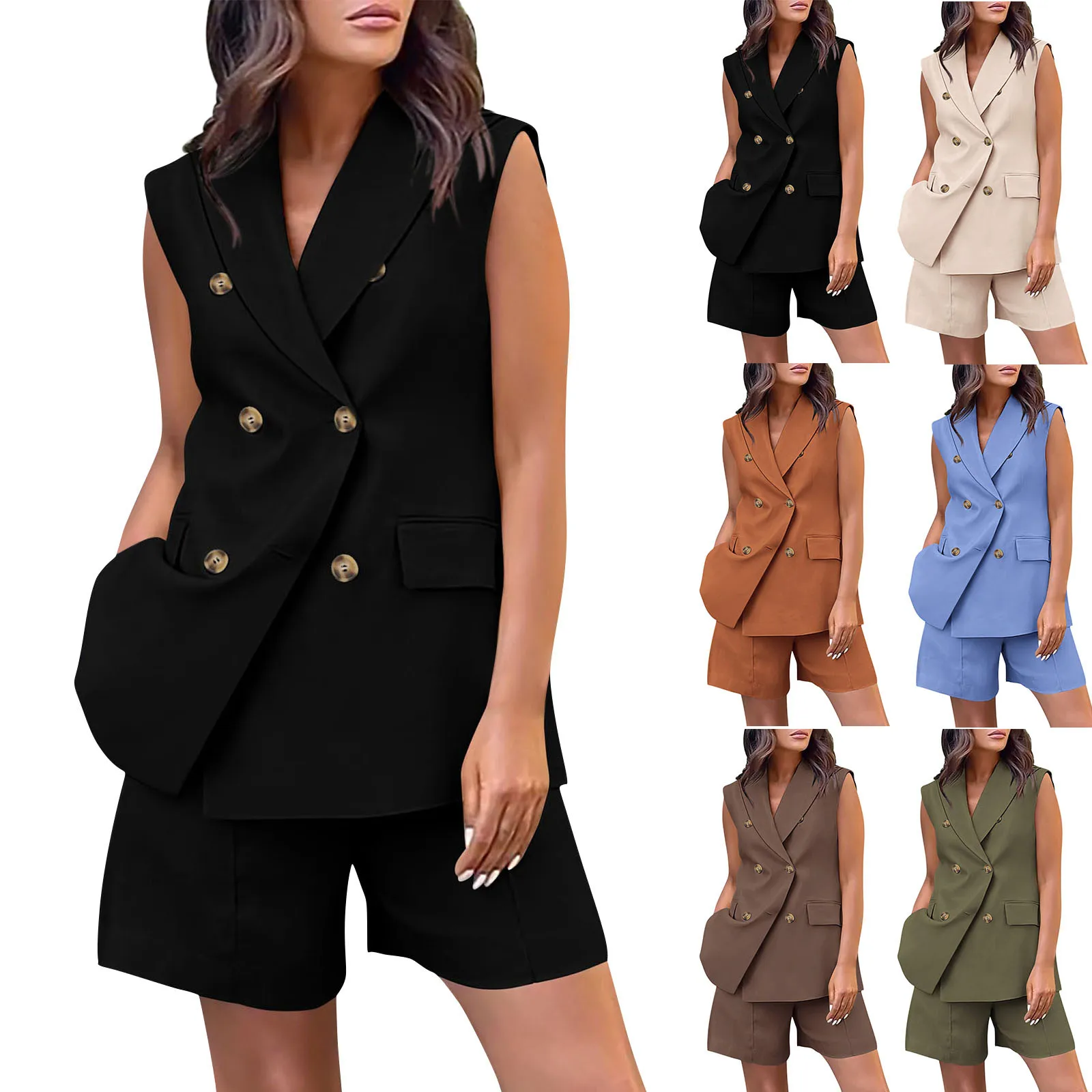 Spring Summer Women Office Shorts Suit Set Solid Khaki Sleeveless Halter Outfit 2 Piece Matching Sets For Women