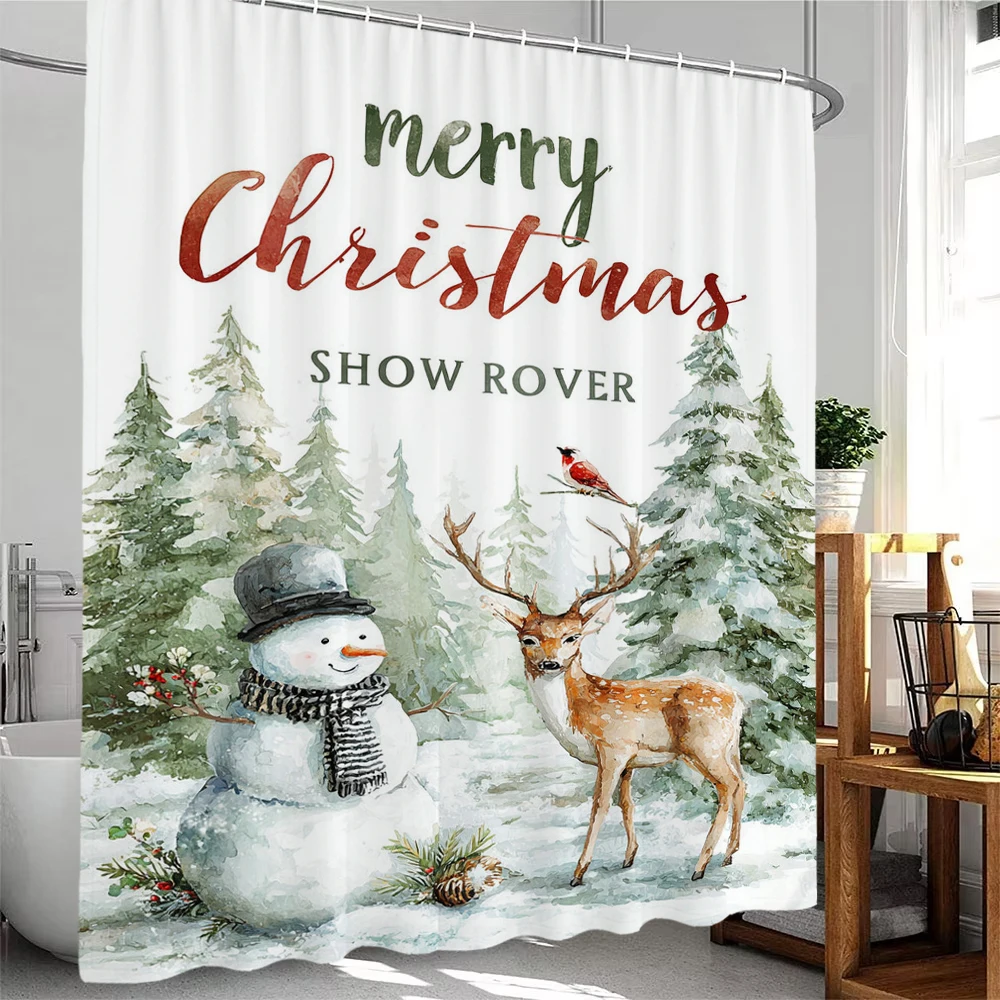 

Cartoon Snowman Shower Curtains with hooks Christmas tree,Santa Claus Christmas Bathroom Curtain，home Decor Christmas Curtain