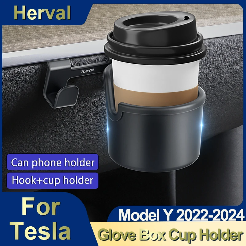 

Herval For Tesla Model Y 2022-2024 Glove Box Water Cup Holder Metal Hook Silicone Pad Phone Holder Cup Stand Car Accessories