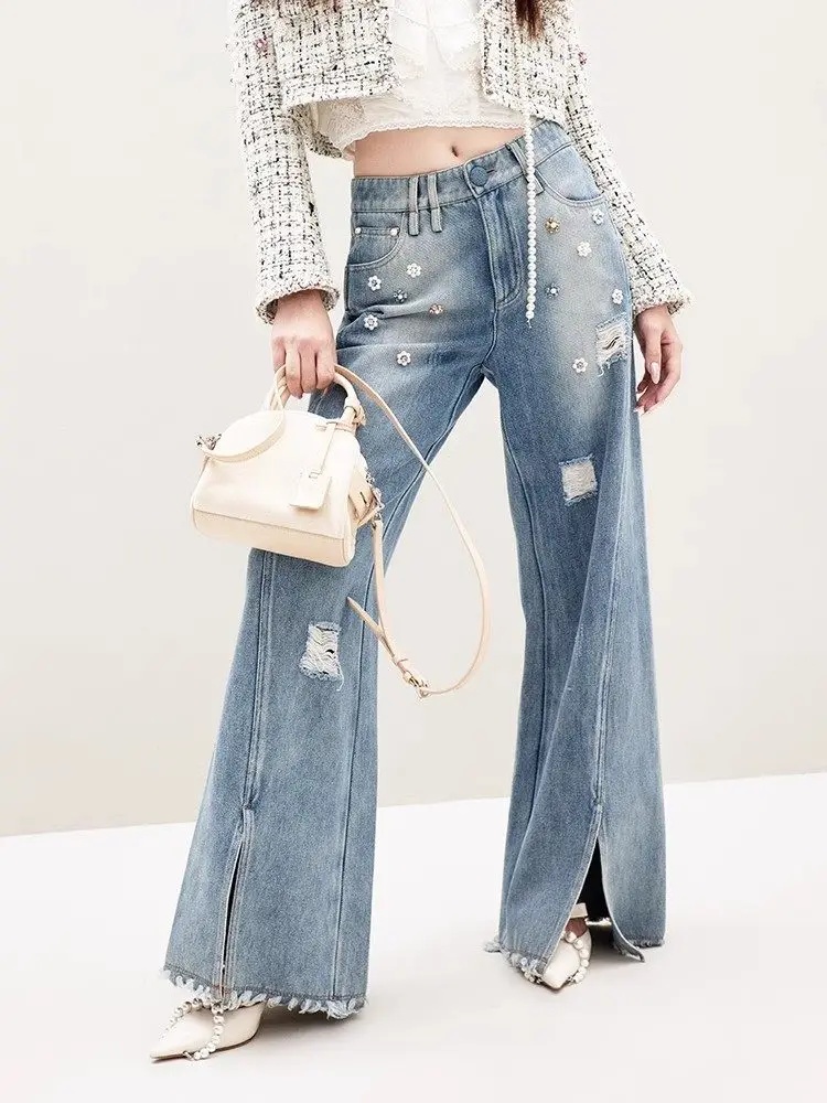 

Модные женские джинсы-клеш в корейском ретро-стиле с высокой талией, широкими штанинами, декорированные бусинами, рваные, с открытыми элементами, весна-осень