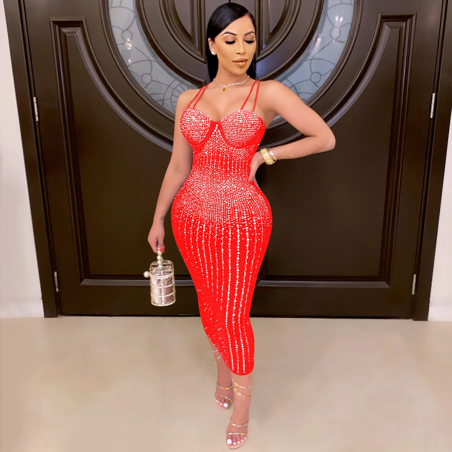 Sister Star Fashion Sexy Hottie Mesh Durchsichtiges Hot Strass Strass Neckholder Kleid Großhandel Nachtclub Party Kleider