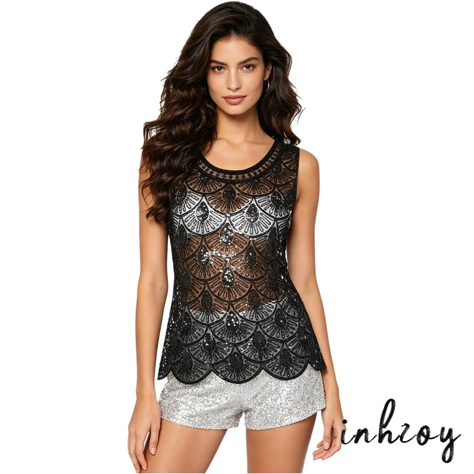 

Винтажный топ-майка для женщин в стиле 1920-х годов, с блестящими пайетками, пластиковыми бусинами, сетчатый, без рукавов, повседневная одежда