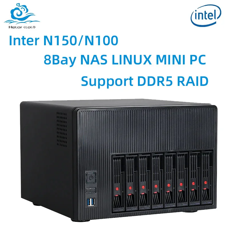 جهاز كمبيوتر صغير Helorpc 8Bay NAS مع Inter N100/N150 يدعم كمبيوتر الخادم المنزلي Pfsense مع 3xLAN 3xUSB2.0 1xTYPE-C 1xHDMI 1xDP