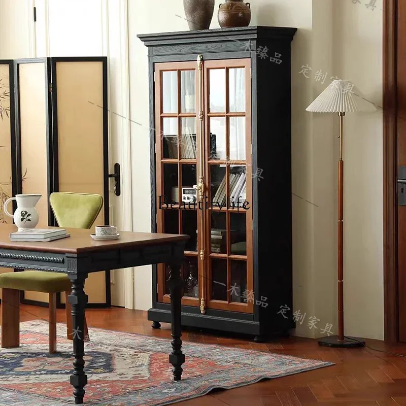 

ls 42American light luxury solid wood wine cabinet simple antique living room glass door decorative storage cabinet