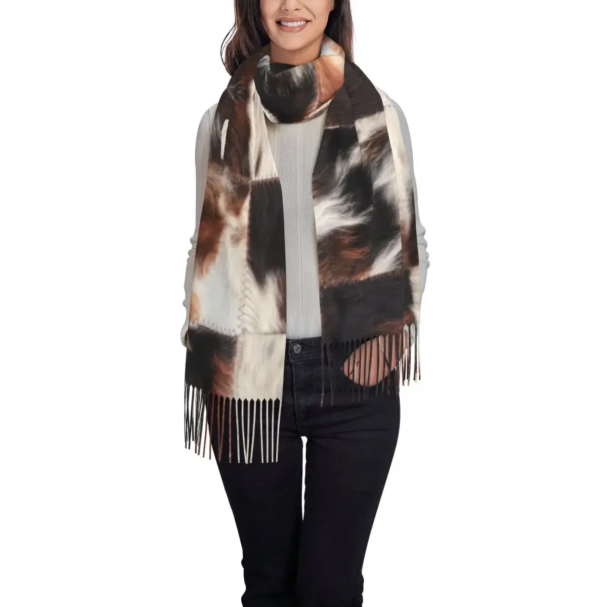 Checkered Cowhide Fur Scarf for Women Fashion Winter Shawl Wraps Animal Leather Texture Tassel 