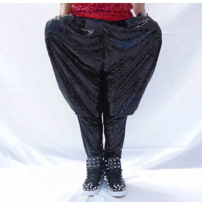 Tide Male Sequins Harem Long Pants Singer Dancer Hip Hop Rock Dance Performance Costume Nightclub Bar Pencil Trouser White Black