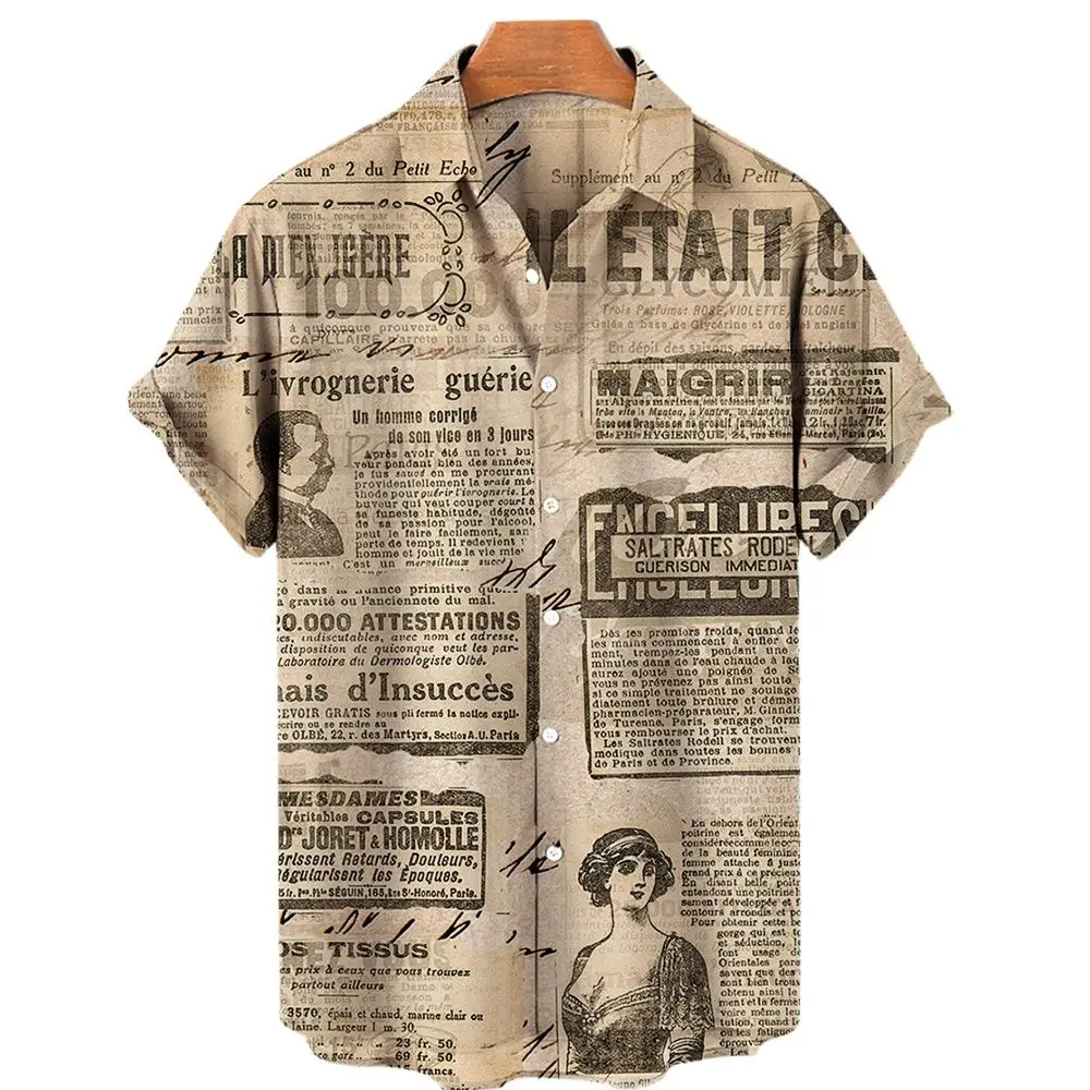 2022 Vintage Newspapers Men's Clothing Vintage Shirts Men's 3d Print Lapel Hawaiian Short Sleeve Report Tops