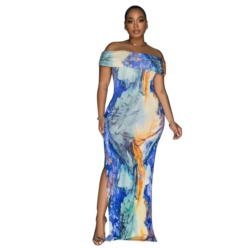 

K10716 Fashion Women's 2024 One Shoulder Sexy High Split Printed Dress New