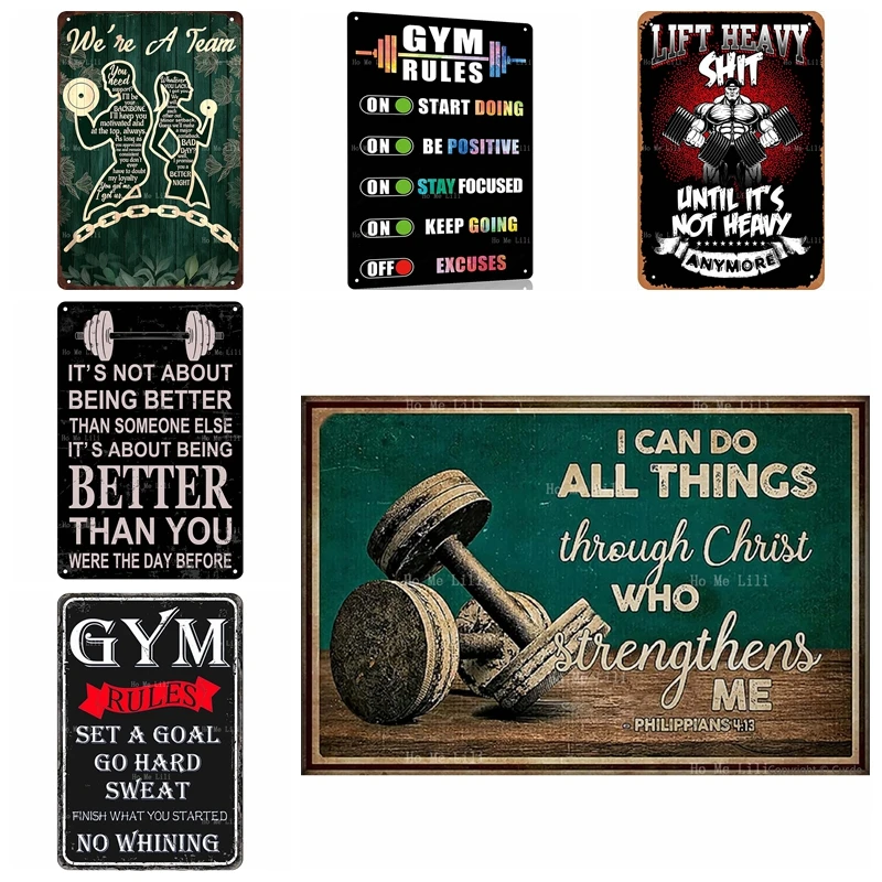 Gym Rules Workout Motivational Quote Weight Lifting Set A Goal Go Hard Sweat No Whining Fitness Couple Metal Sign Wall Decor