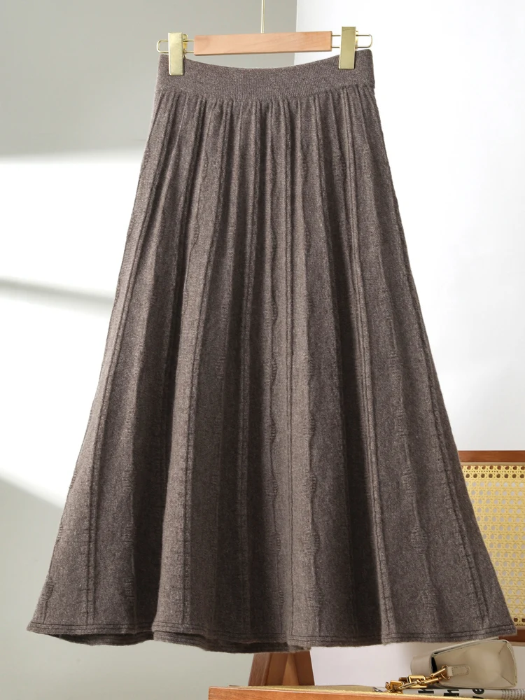 Autumn Winter Women's Cashmere Pleated Skirts 100% Merino Wool Knitwear Elastic Waist Grace Soft Casual Drum Wave Umbrella Skirt