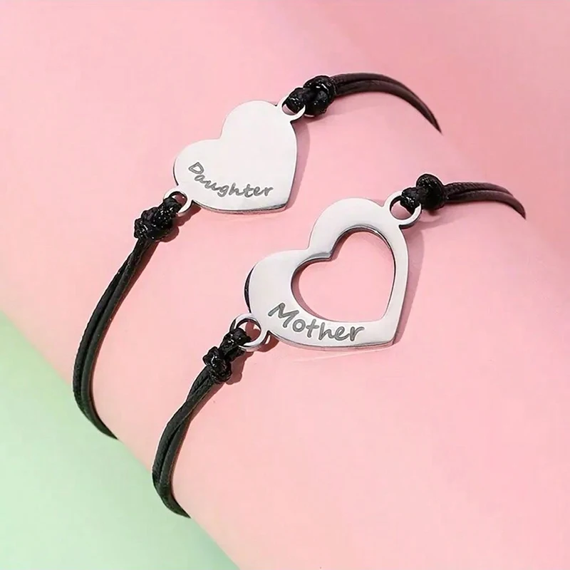 2pcs Mother Daughter Bracelets Set Mommy and Me Matching Love Heart Black Rope Jewelry Gift Mother\'s Day Bracelet