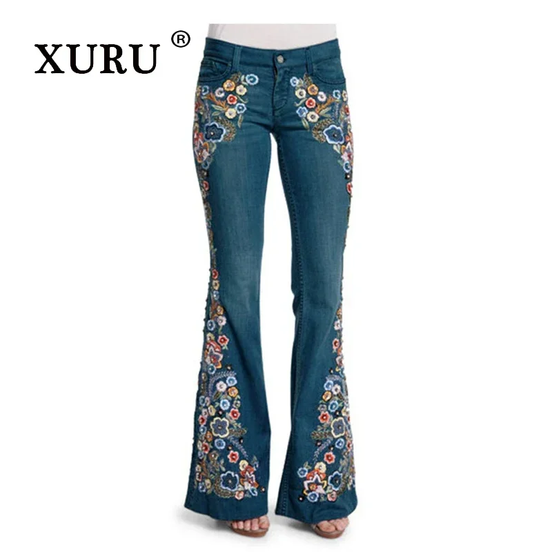 XURU-Embroidered Slim Fit Flare Jeans for Women, Street Trend, Old Versatile Pants, European and American, K7-6135