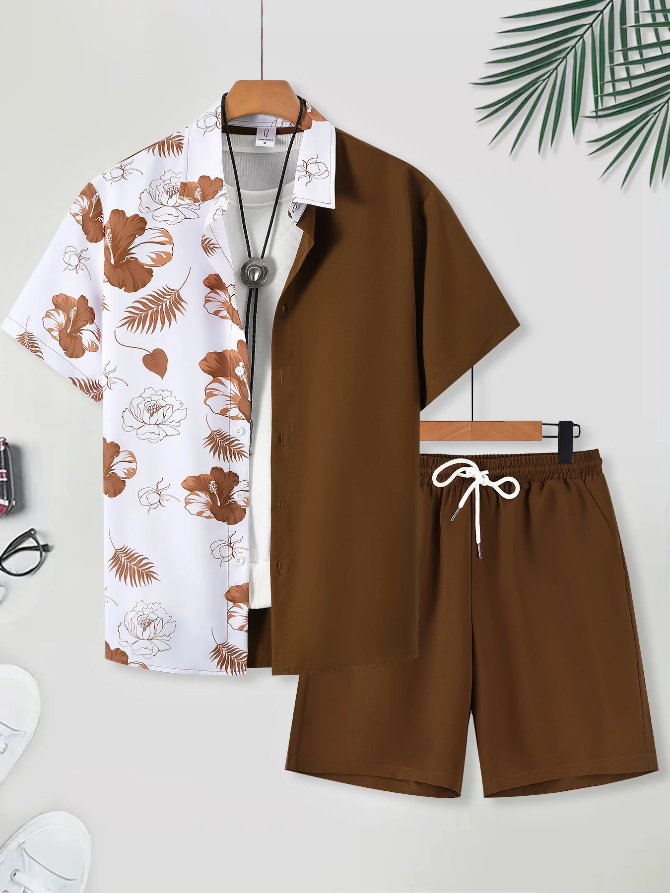 Men's Brown & White Color Block Floral Print Cuban Collar Shirt Set 2 Piece Summer Short Sleeve Drawstring Beach Shorts Outfit