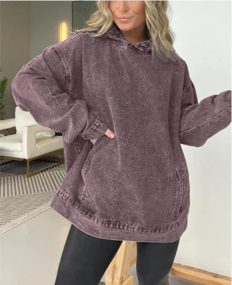 Sweat-shirt en Denim à capuche pour femmes, couleur unie, Texture naturelle, coupe ample décontractée avec poches, haut à manches longues, nouvelle collection automne