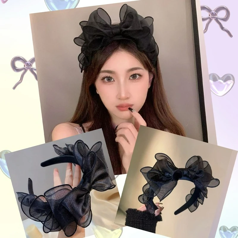 

Stylish Black Mesh Bowknot Headband Women Fashion Hair Accessories Korean Sweet Big Bow Hair Band Elegant Hair Hoop Headdress