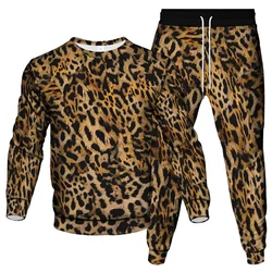 Animal Leopard 3D Print Men's Sportswear Set Casual Long-Sleeved T Shirt Pants 2-Piece Set Oversized Pullover Men Clothing