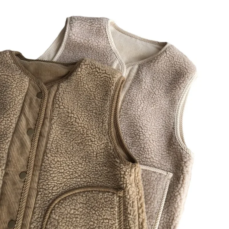 عكسها سروال قصير صوف الضأن خمر سترة سميكة المرأة الخريف/الشتاء ملابس خارجية جديدة بلا أكمام الكتف سترة سترة #5