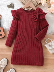 Girls Spring and Autumn Thin Bow Decorated Flying Sleeve Long Sleeve Pit Dress