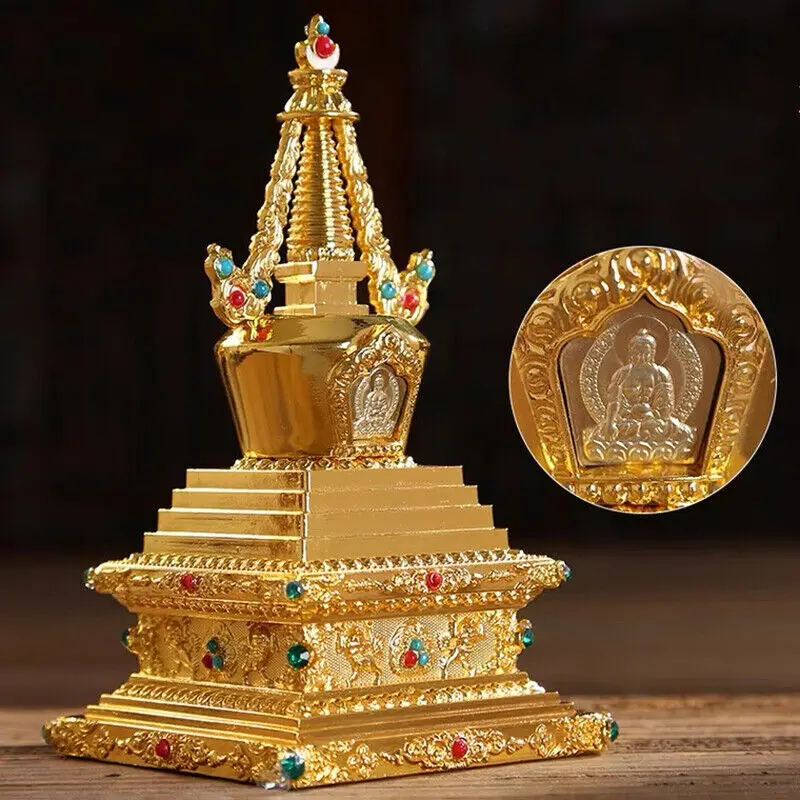 

6.6" Tibetan Engraved Buddha Statue Stupa Tantric Alloy Handicraft Auspicious