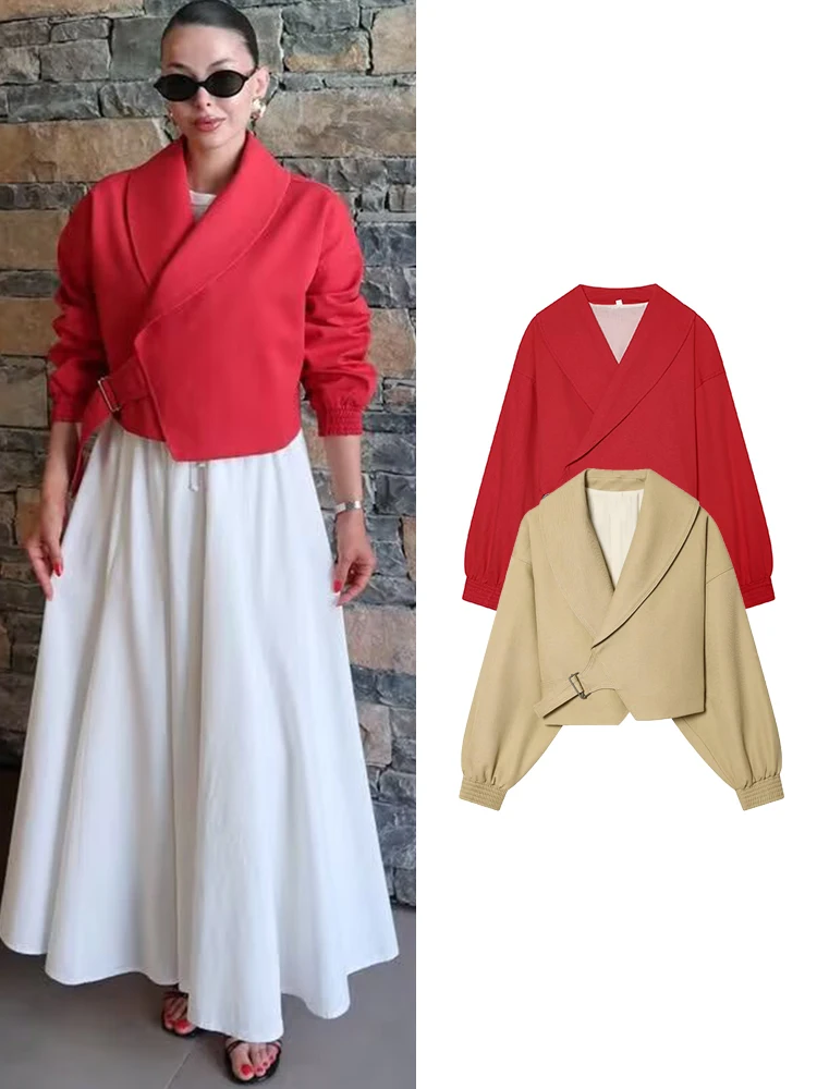 TFMLN 2026 Women Coat Solid Plate Buckle Decoration Coat Spring Autumn Casual Loose Long Sleeve Lapel High Street Jacket Lady