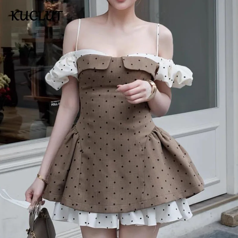 

KUCLUT Fashion New Items Women's Dot Puff Sleeve Spliced Dress Niche Elegant Off-Shoulder Short Dresses Female Trendy 1A217