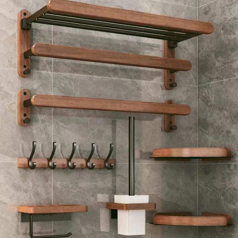 

Walnut towel rack no punch bathroom shelf toilet wall mounted washroom storage organizer bath towel holder bathroom accessories