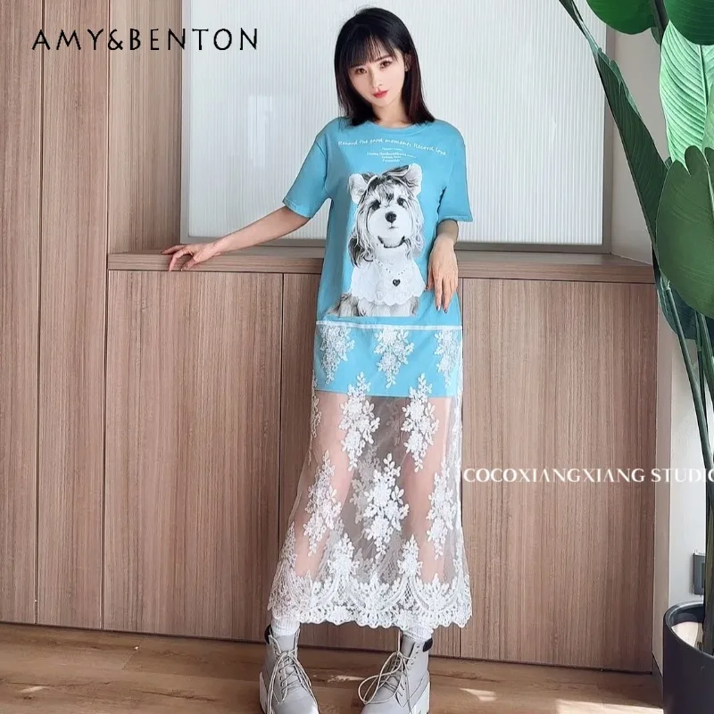 Fashion Vestidos Summer Refined Handmade Lace Embroidery Stitching Cartoon Printed Tshirt Loose Slimming Long Dress Blue Clothes