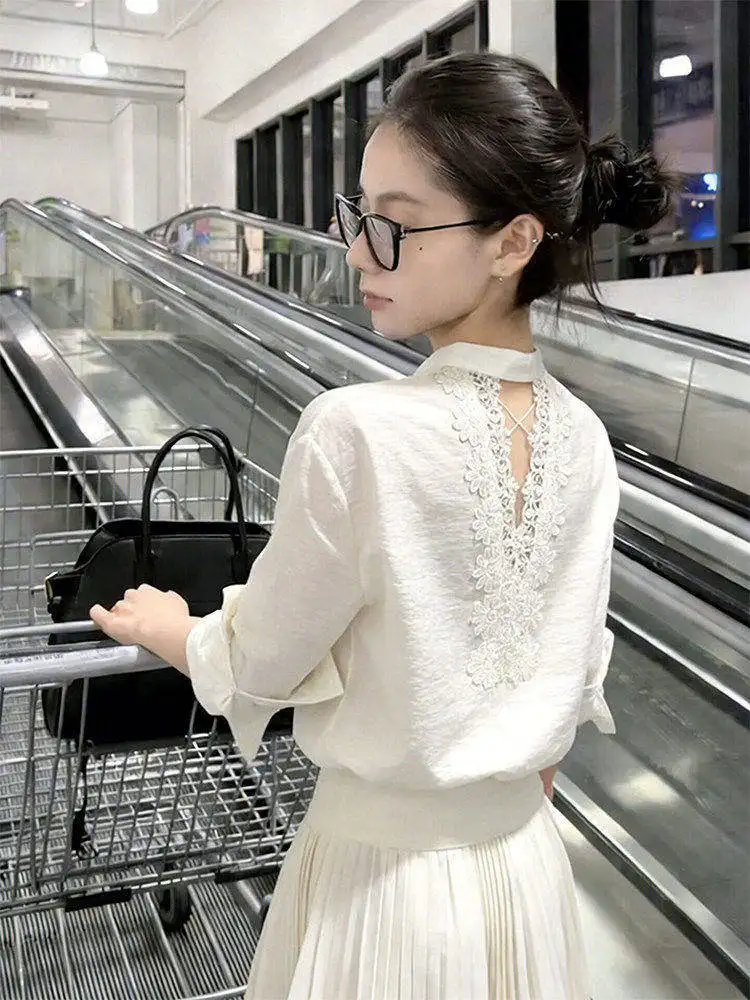 

Lace Backless Loose Women's Shirt Vintage Style Spring New Design Sensation White Long Sleeve Collar Open Cardigan