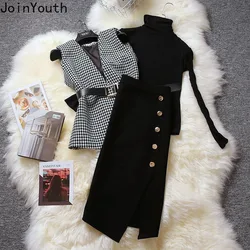 3 Piece Sets Womens Outfits Roupas Femme Tunic Black Tops Sleeve Plaid Vest Knitted Hiigh Waist Bodycon Skirt Suit Vintage Set