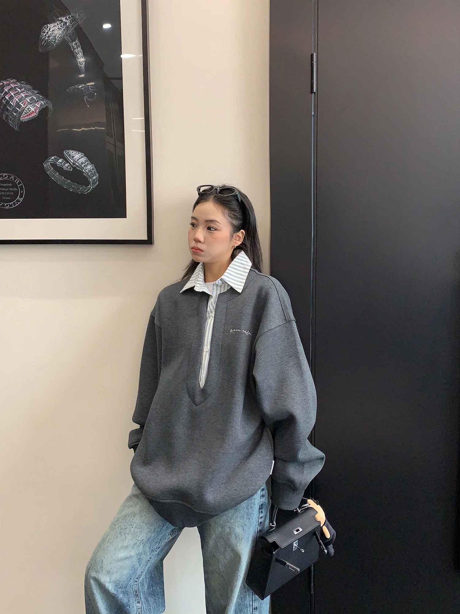 

Spring American Retro Fake Two-Piece Shirt Jacket Women Loose Lazy Thickened Collar Sweatshirt Top Oisis Brand Cotton 100%