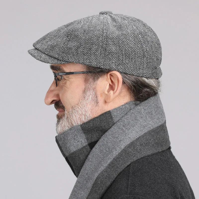 1 Stück Herren-Beanie-Mütze mit Fischgrätenmuster, warm, leicht zu tragen, multifunktionale Tweed-Zeitungsjungenmütze, geeignet für den täglichen Gebrauch, Spazierengehen, Golfspielen