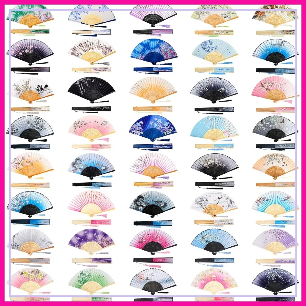 

40 Pcs Floral Hand Fans for Line Dancing Chinese Vintage Silk Clap Folding Fan Bamboo Framed Fabric with Tassel Decorative for Wedding Dance Party Church