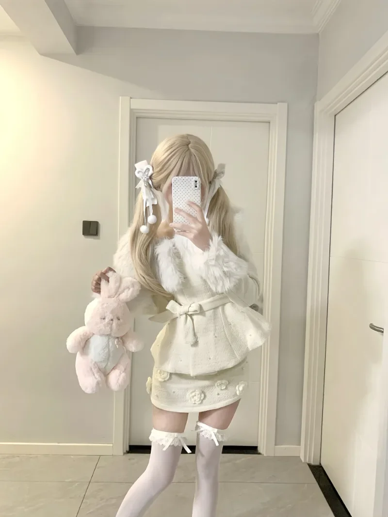 

Sweet Hot Girl Suit Women's Autumn Fur Collar Shawl Woolen Coat Three-dimensional Flower A-line Skirt Fashion Two-piece Set