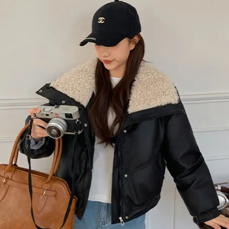 Women Parkas Short Coats Lamb Wool Turn Down Collar Jackets Thick Warm Y2k Streetwear Elegant Work Coat Autumn Winter 2025